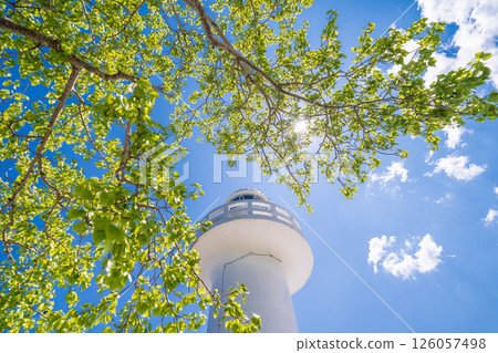 "Iwate Prefecture" The white Kurosaki Lighthouse stands out against the fresh greenery and blue sky, Iwate Prefecture 126057498