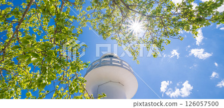 "Iwate Prefecture" The white Kurosaki Lighthouse stands out against the fresh greenery and blue sky, Iwate Prefecture 126057500