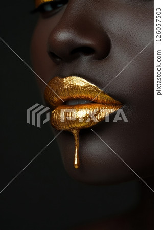 Golden lipstick dripping from model's lips, beauty and luxury 126057503