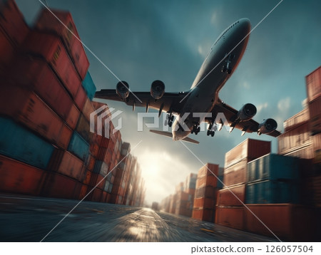 Cargo plane taking off from runway near shipping containers at sunset 126057504