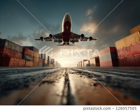 Cargo plane taking off from runway at sunset with shipping containers 126057505