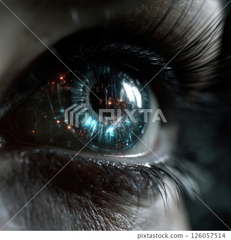 Futuristic human eye reflecting a glowing city at night 126057514