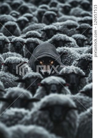 Wolf in sheep's clothing hiding among flock of sheep 126057515