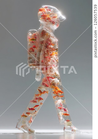 Glass astronaut walking with fish inside spacesuit, surreal concept 126057539