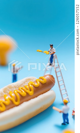 Miniature chefs preparing a giant hot dog with mustard on blue background 126057552