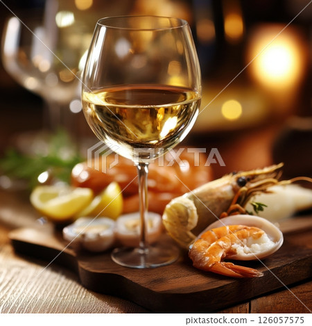 Glass of white wine with fresh seafood on restaurant table 126057575