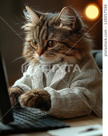 Cat wearing white shirt and beige cardigan typing on a laptop keyboard Cat wearing white shirt and beige cardigan typing on a laptop keyboard 126057598