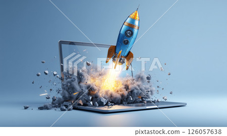 Rocket and explosion effect flying out of laptop computer Business explosion 126057638