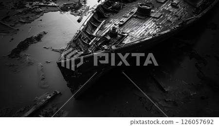 abandoned shipwreck resting in muddy waters 126057692