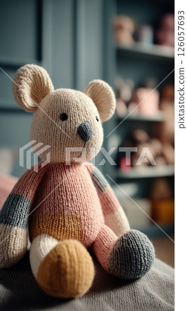 Handmade knitted teddy bear sitting on a blanket in a child's room 126057693