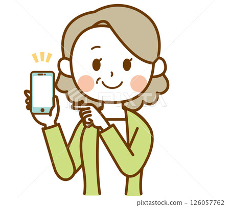 Illustration of an elderly woman pointing at her smartphone Illustration of an elderly woman pointing at her smartphone 126057762