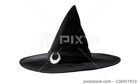 Halloween witch hat featuring silver crescent emblem 126057910