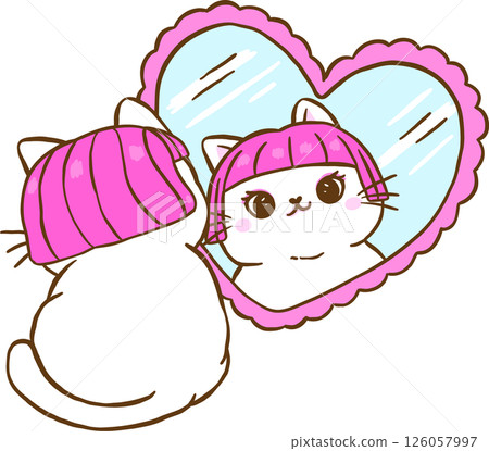 Cute Girly Self Love Cat in Mirror Cartoon Doodle Hand Drawn 126057997
