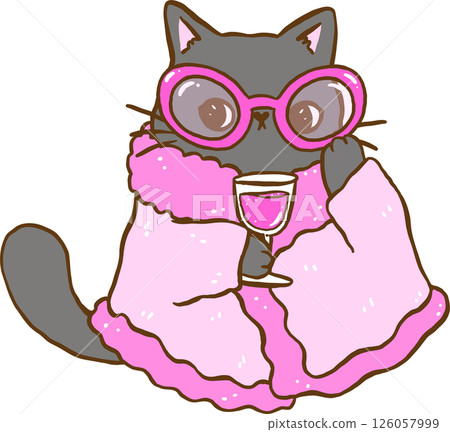 Cute Funny Retro Self Love Cat with wine wear sassy glassses and bathrobe Cartoon Doodle Hand Drawn 126057999