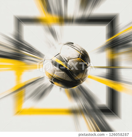 Dynamic soccer ball moving at high speed with motion blur and yellow and black trails 126058287