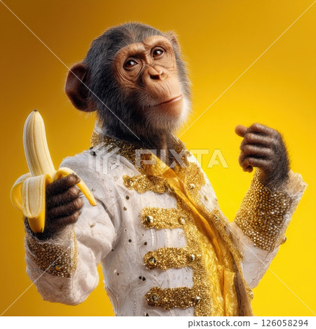 Stylish chimpanzee wearing extravagant outfit holding banana on yellow background 126058294