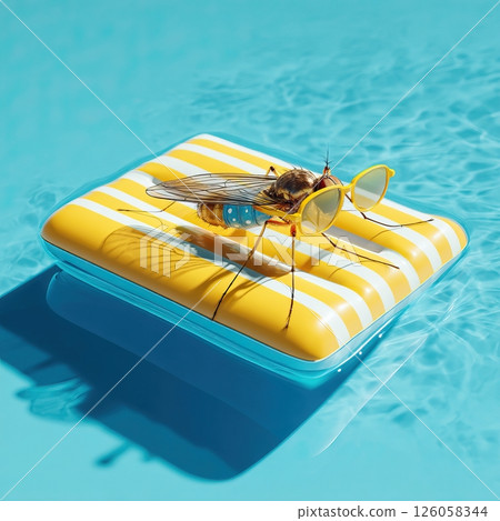 Mosquito wearing sunglasses relaxing on inflatable pool raft in swimming pool 126058344