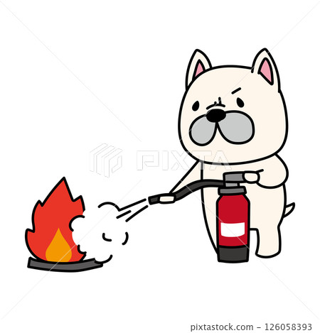 French bulldog practicing putting out a fire with a fire extinguisher 126058393