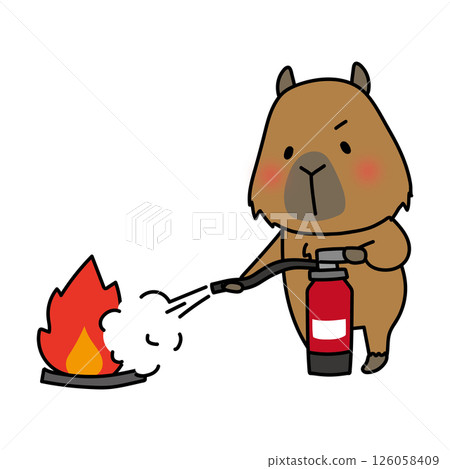 Capybara practicing extinguishing a fire with a fire extinguisher 126058409