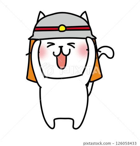 White cat wearing a firefighter's hat 126058433