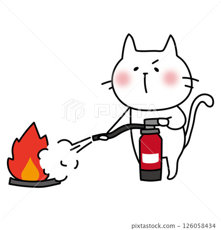 A white cat practicing extinguishing a fire with a fire extinguisher 126058434