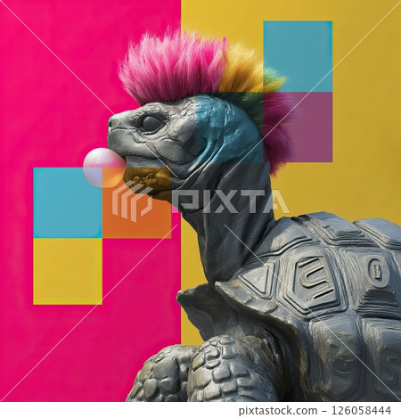 Punk turtle blowing bubble gum with colorful background 126058444