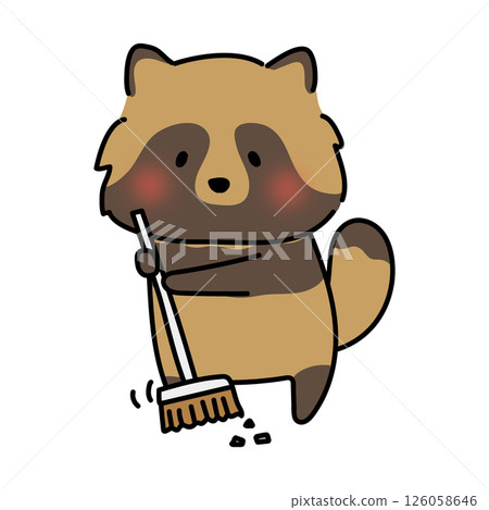 Raccoon helping with cleaning with a broom Raccoon helping with cleaning with a broom 126058646