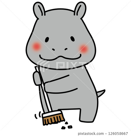 Hippopotamus helping with cleaning with a broom Hippopotamus helping with cleaning with a broom 126058667