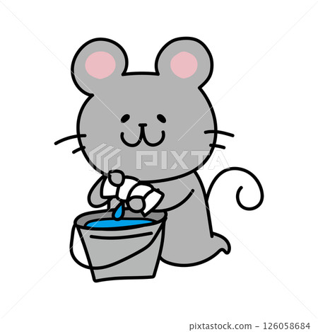 一隻老鼠正在擰乾一塊清潔抹布 一隻老鼠正在擰乾一塊清潔抹布 126058684
