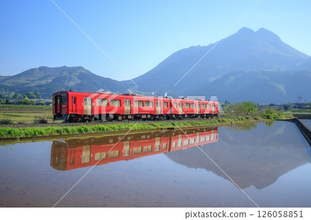 The beautiful water reflection of Mt. Yufu and the red train (JR Kyushu Kiha 200 series) 126058851