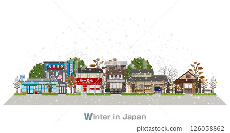 日本城鎮景觀的插圖。白雪皚皚的日本。 日本城鎮景觀的插圖。白雪皚皚的日本。 126058862