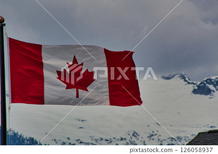 Canadian flag fluttering against the backdrop of snowy mountains 126058937