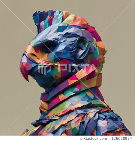Colorful low poly eagle bust with punk hair style looking left 126058954