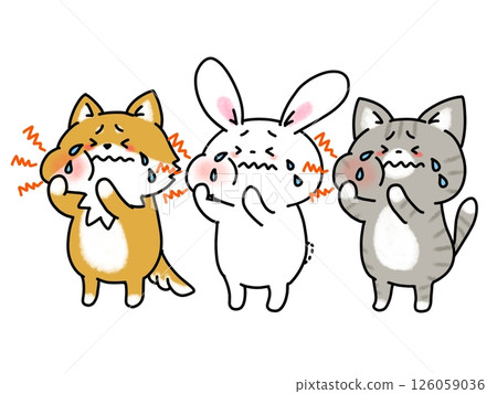 Dog, cat and rabbit trio crying because of toothache Dog, cat and rabbit trio crying because of toothache 126059036