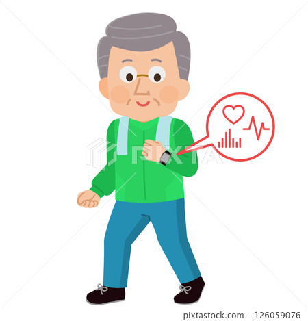 一位老人戴著智慧手錶行走的插圖 一位老人戴著智慧手錶行走的插圖 126059076