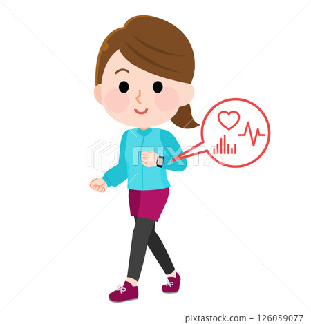 Illustration of a woman walking with a smart watch 126059077