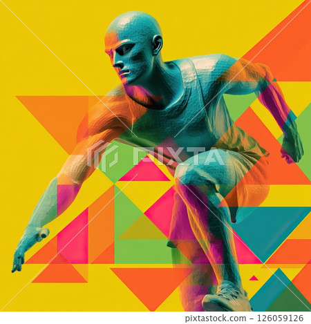 Athlete running with colorful geometric shapes, dynamic sports illustration 126059126