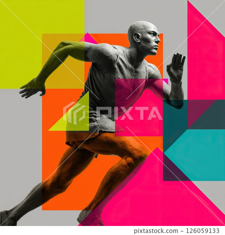 Statue of a marathon runner sprinting with colorful geometric shapes 126059133