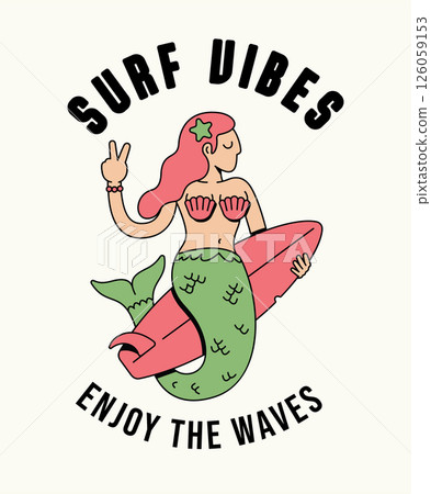 mermaid surf retro cute illustration 126059153