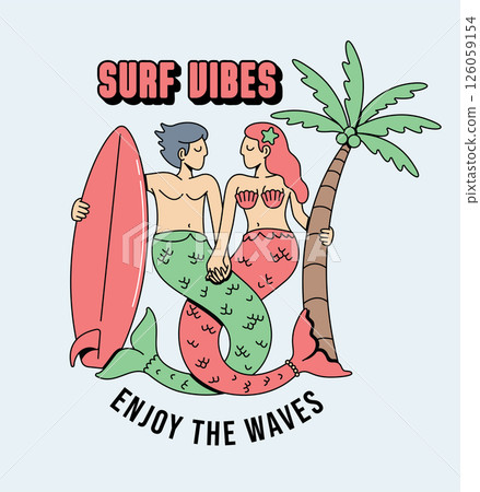 mermaid love surf retro cute illustration mermaid love surf retro cute illustration 126059154