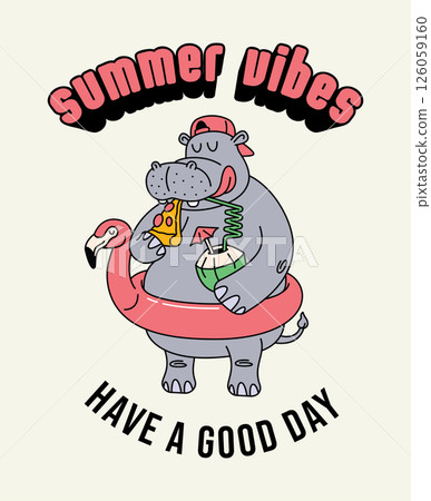 hippo flamingo float retro cartoon cute illustration 126059160