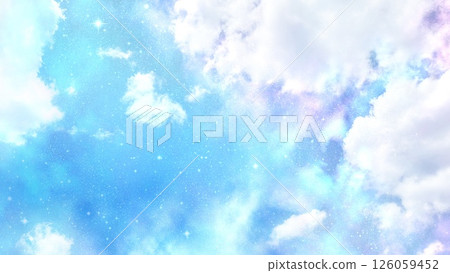 Anime-style hand-drawn illustration of glowing pink clouds in the blue sky 126059452
