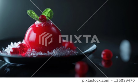 Red spherical dessert with glossy finish and green mint leaves. Surrounded by sugar crystals and berries on a dark reflective plate. Elegant presentation AI generated 126059470