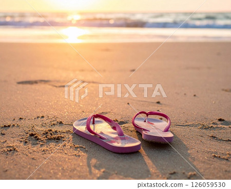 pair of cute slippers out of the sand at the beach at sunset pair of cute slippers out of the sand at the beach at sunset 126059530