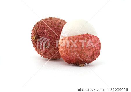 Close-Up of Fresh Lychee Fruit with Skin and Partially Peeled 126059656