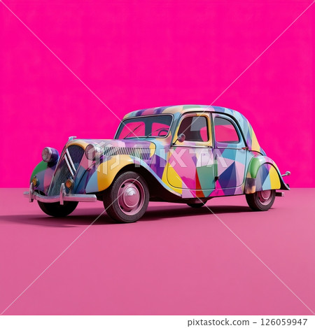 Colorful vintage car exhibiting geometric shapes on pink background 126059947
