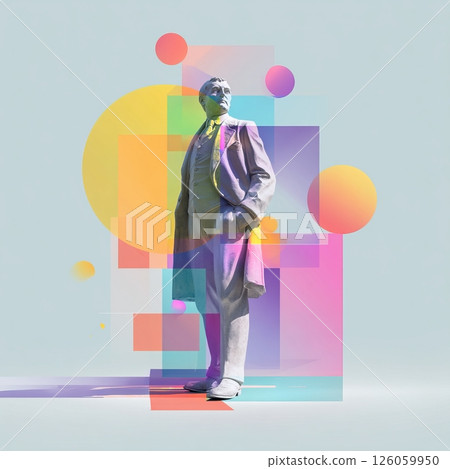 Statue of a businessman standing with colorful geometric shapes and gradient Statue of a businessman standing with colorful geometric shapes and gradient 126059950