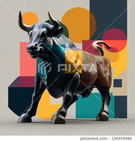 Charging bull statue with geometric shapes representing financial growth 126059990