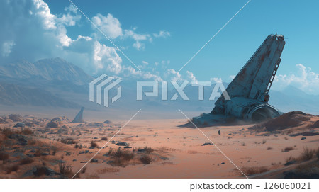 Spaceship wreckage in alien desert 126060021