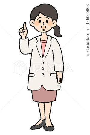Hand-drawn style: Female doctor in white coat with index finger up, skirt style 126060068